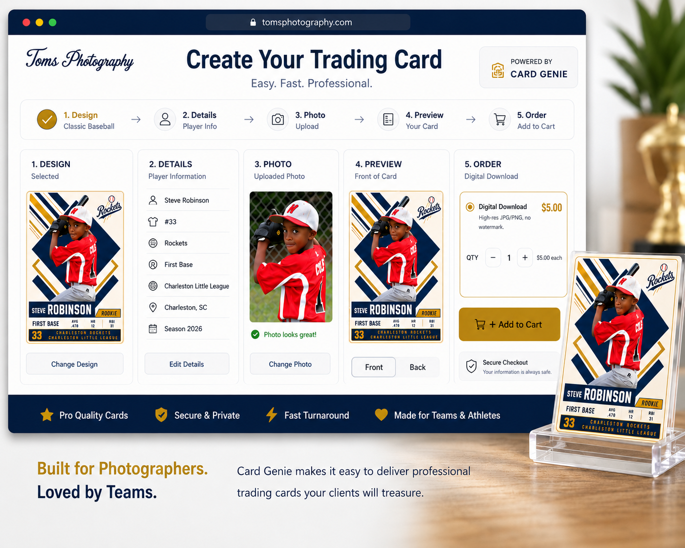 Close-up view of the Card Genie embeddable widget showing the trading card preview, customization options, and checkout button.